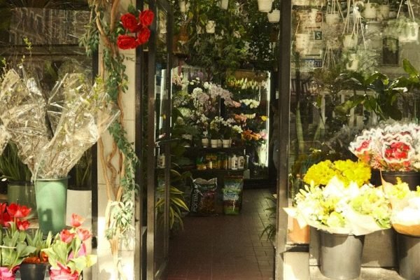 A beautiful flower shop entrance, filled with blooms.