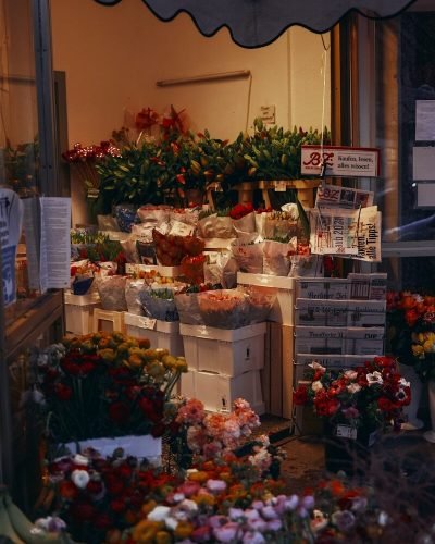 red and green flower bouquet on white wooden shelf